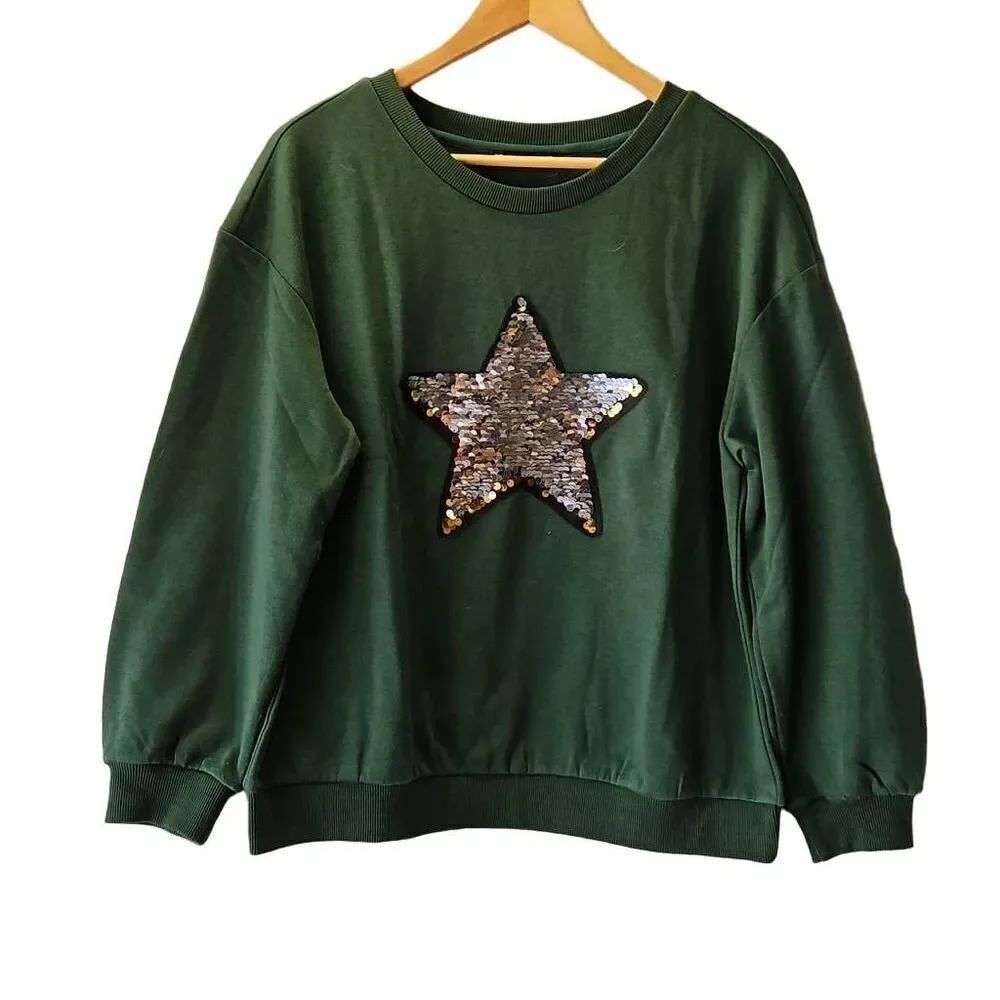 Allegra K Amazon Star Sequin Sweatshirt Green Medium